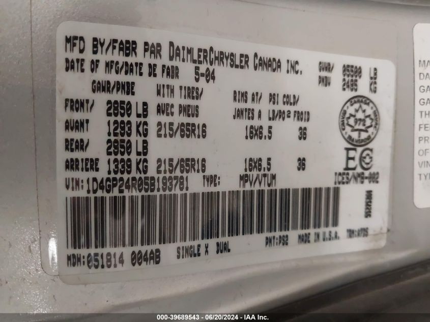 2005 Dodge Grand Caravan VIN: 1D4GP24R05B193781 Lot: 39689543