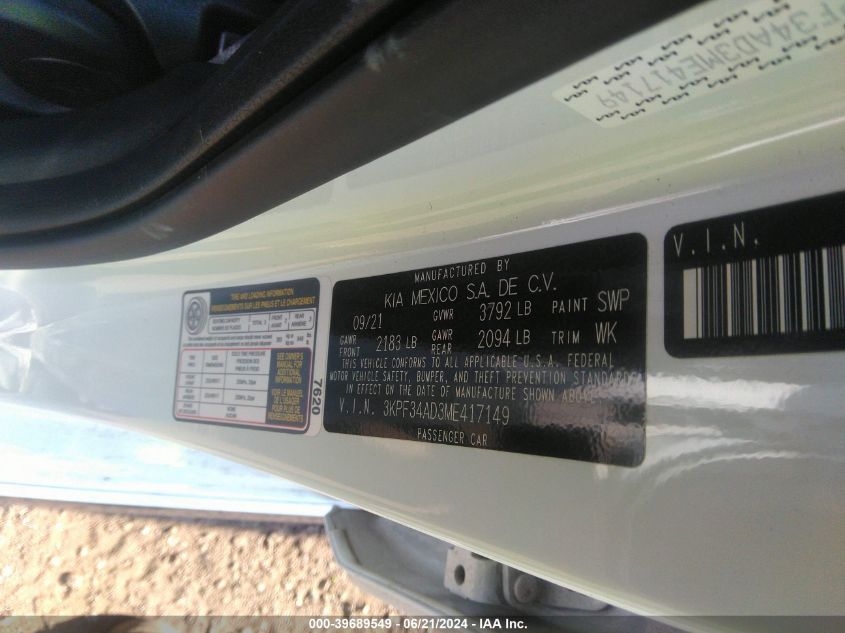 2021 Kia Forte Gt Line VIN: 3KPF34AD3ME417149 Lot: 39689549