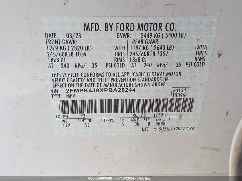 2023 Ford Edge Sel VIN: 2FMPK4J9XPBA28244 Lot: 39689560