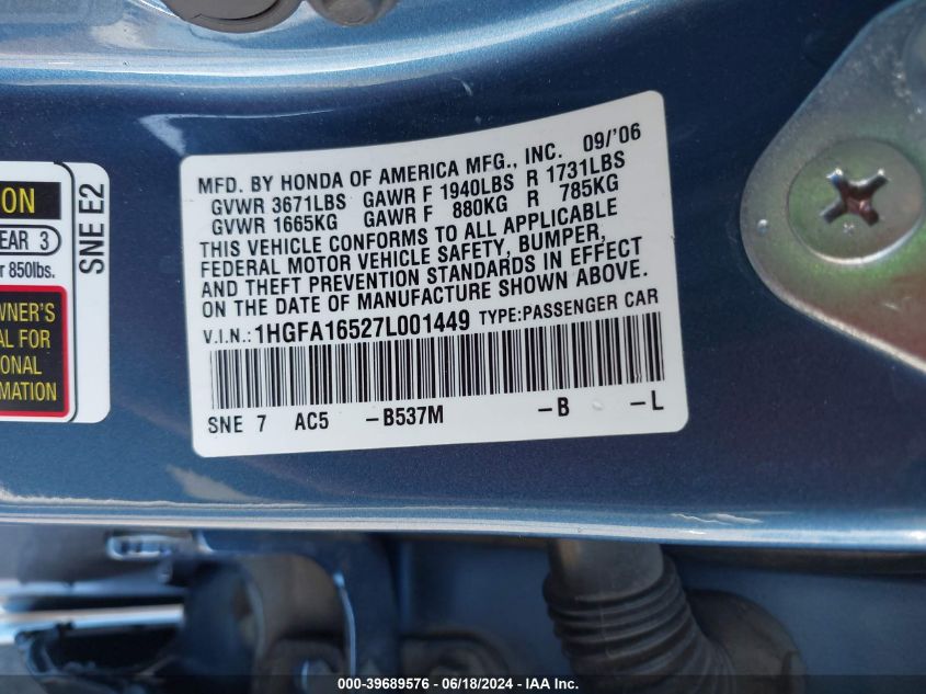 2007 Honda Civic Lx VIN: 1HGFA16527L001449 Lot: 39689576