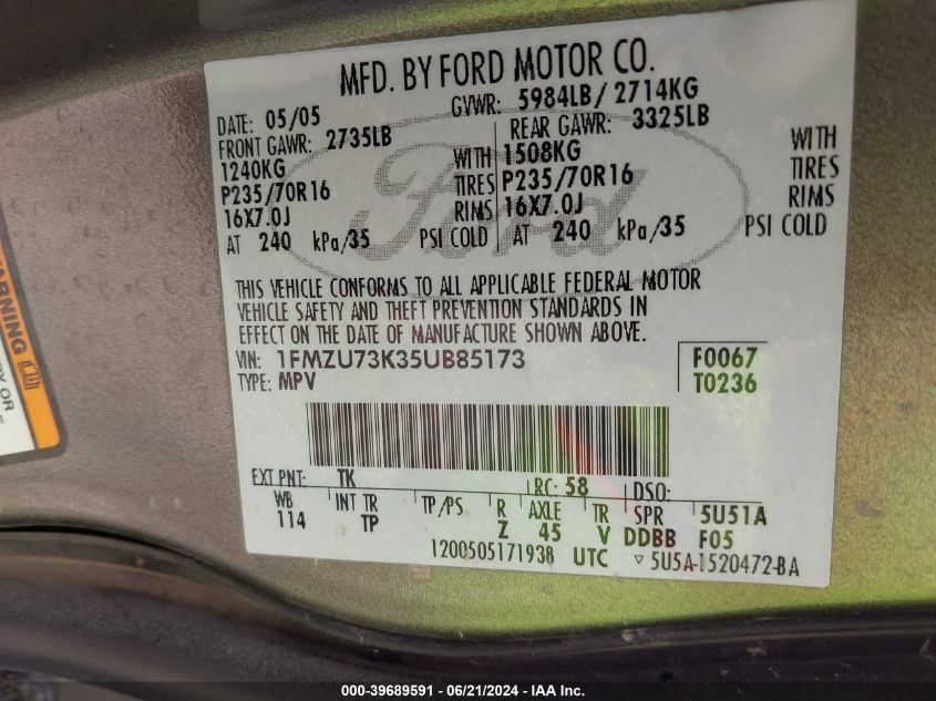 2005 Ford Explorer Xlt/Xlt Sport VIN: 1FMZU73K35UB85173 Lot: 39689591