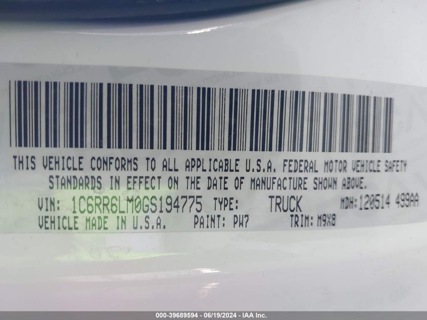 2016 Ram 1500 Big Horn VIN: 1C6RR6LM0GS194775 Lot: 39689594