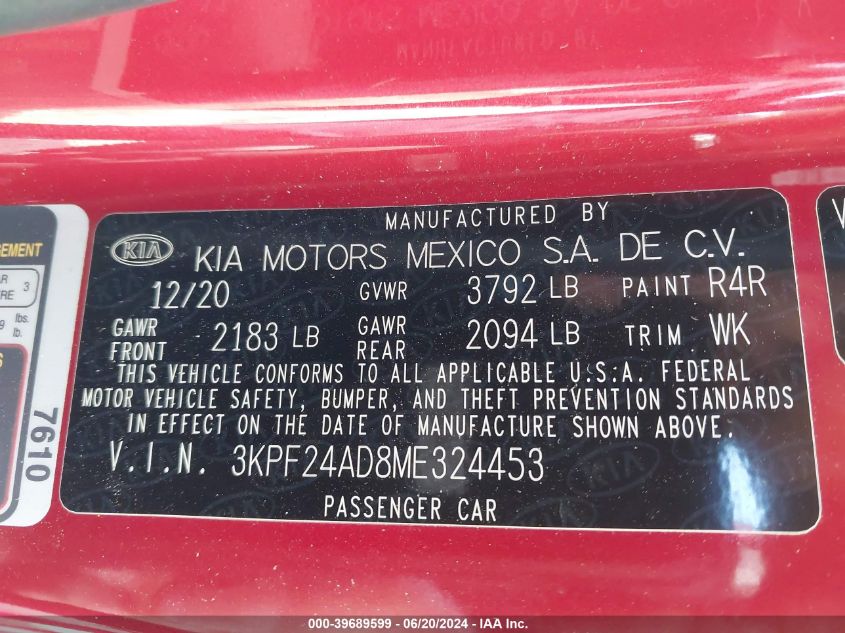 2021 Kia Forte Lxs VIN: 3KPF24AD8ME324453 Lot: 39689599