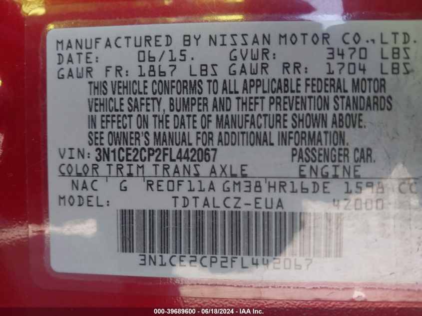 2015 Nissan Versa Note S Plus VIN: 3N1CE2CP2FL442067 Lot: 39689600