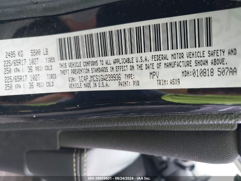 2016 Jeep Cherokee Latitude VIN: 1C4PJMCS1GW239936 Lot: 39689601