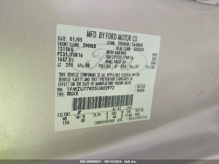 2005 Ford Explorer Sport Trac Adrenalin/Xls/Xlt VIN: 1FMZU77K05UB02972 Lot: 39689621