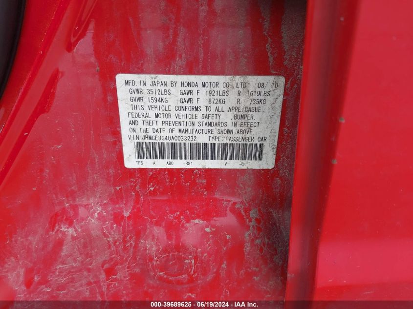 2010 Honda Fit Sport VIN: JHMGE8G40AC033232 Lot: 39689625