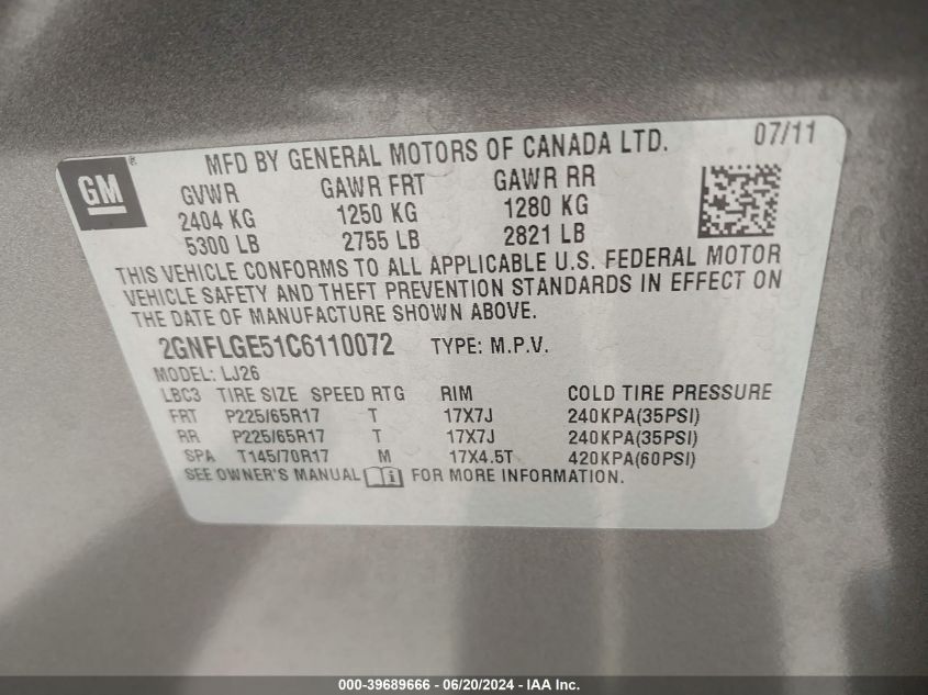 2012 Chevrolet Equinox Ltz VIN: 2GNFLGE51C6110072 Lot: 39689666