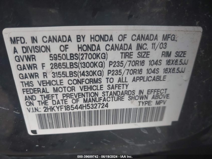 2004 Honda Pilot Ex-L VIN: 2HKYF18544H532724 Lot: 39689742