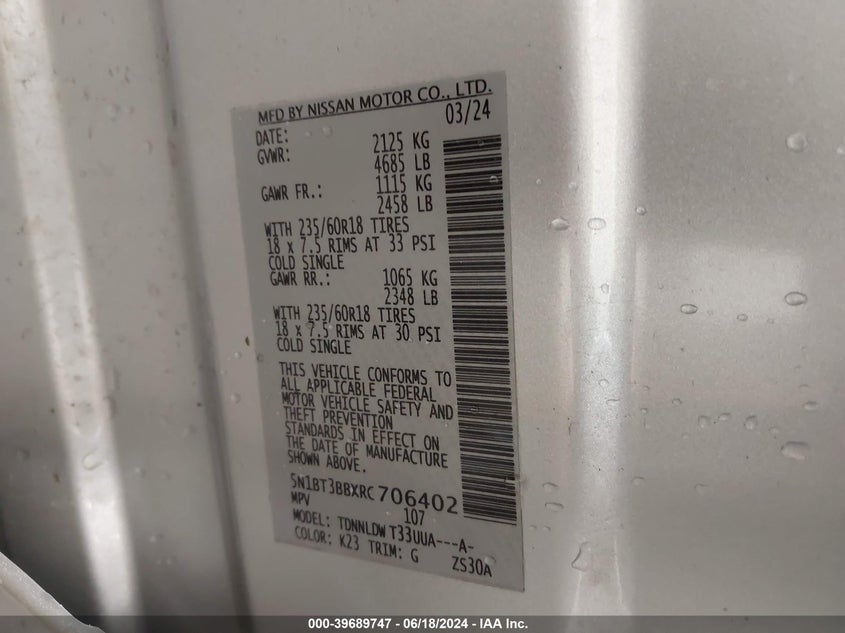 2024 NISSAN ROGUE VIN: 5N1BT3BBXRC706402