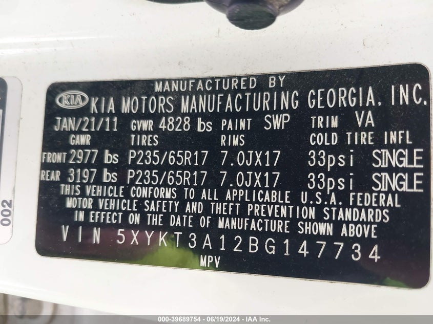 2011 Kia Sorento Lx VIN: 5XYKT3A12BG147734 Lot: 39689754