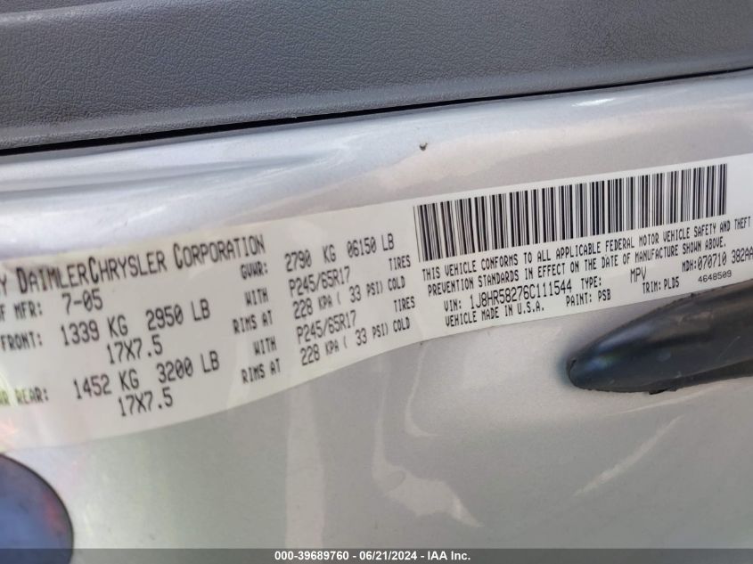 2006 Jeep Grand Cherokee Limited VIN: 1J8HR58276C111544 Lot: 39689760