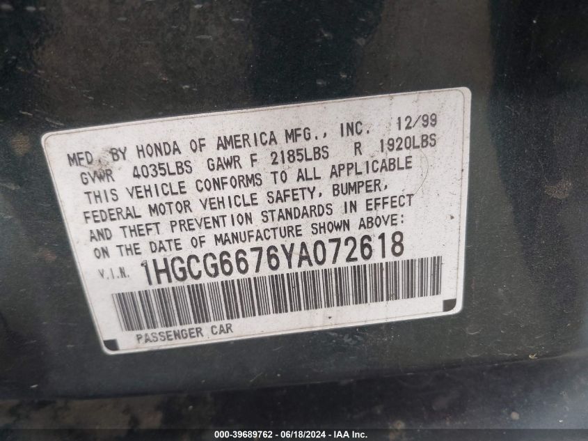 2000 Honda Accord 2.3 Ex VIN: 1HGCG6676YA072618 Lot: 39689762