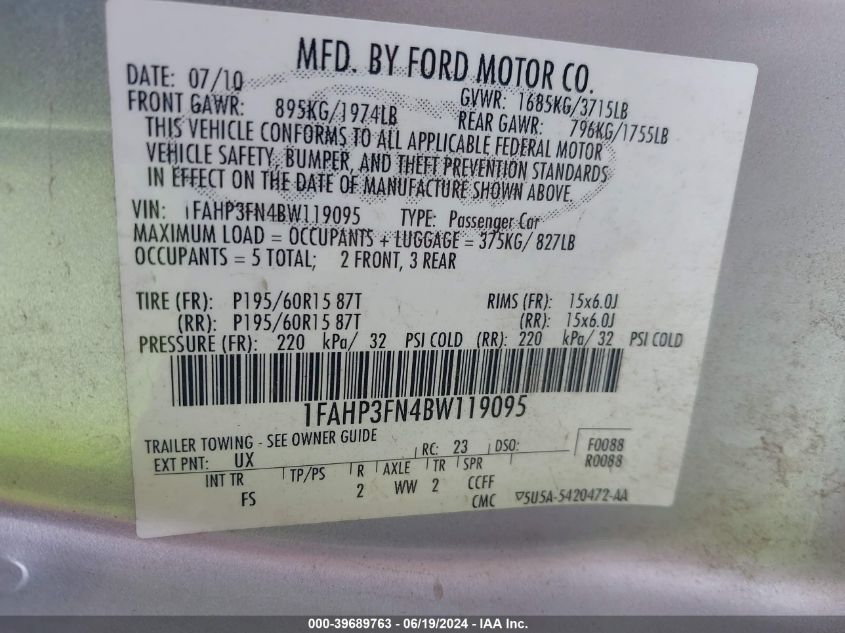 2011 Ford Focus Se VIN: 1FAHP3FN4BW119095 Lot: 39689763