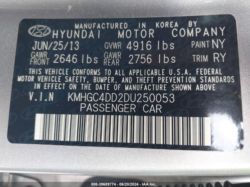 2013 Hyundai Genesis 3.8L VIN: KMHGC4DD2DU250053 Lot: 39689774