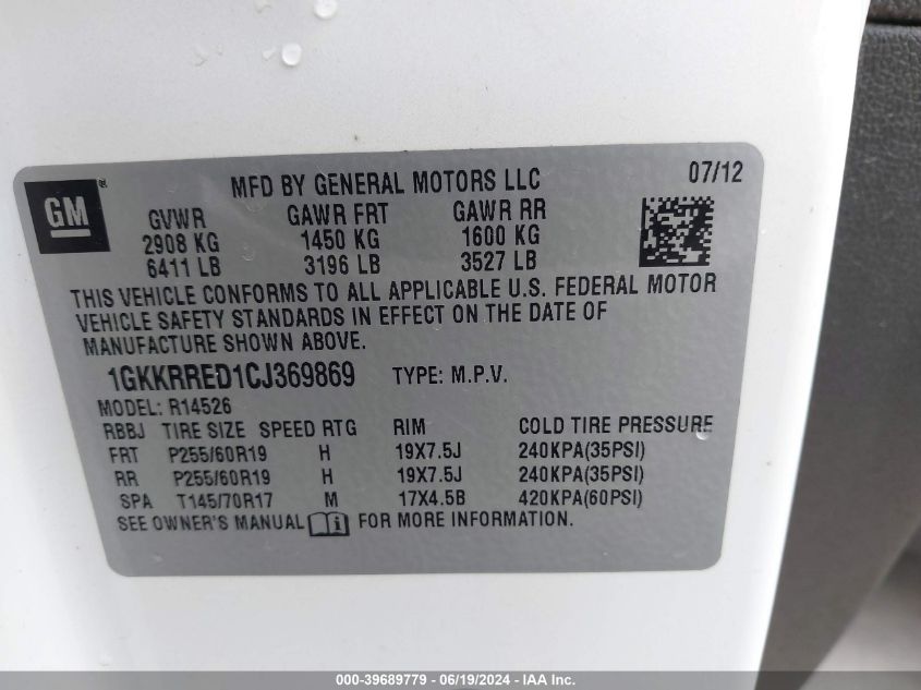 2012 GMC Acadia Slt-1 VIN: 1GKKRRED1CJ369869 Lot: 39689779