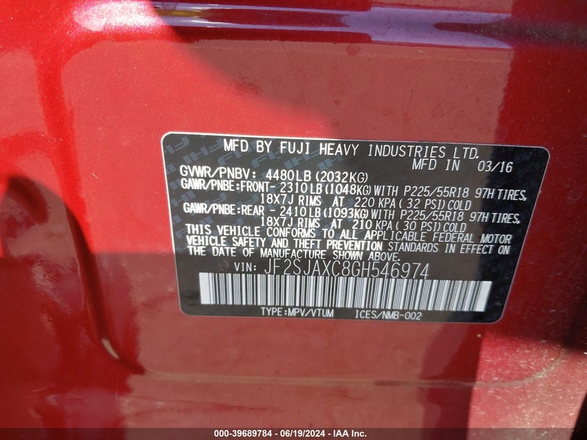 2016 Subaru Forester 2.5I Touring VIN: JF2SJAXC8GH546974 Lot: 39689784