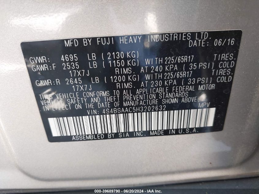 2017 Subaru Outback 2.5I VIN: 4S4BSAAC5H3202632 Lot: 39689790