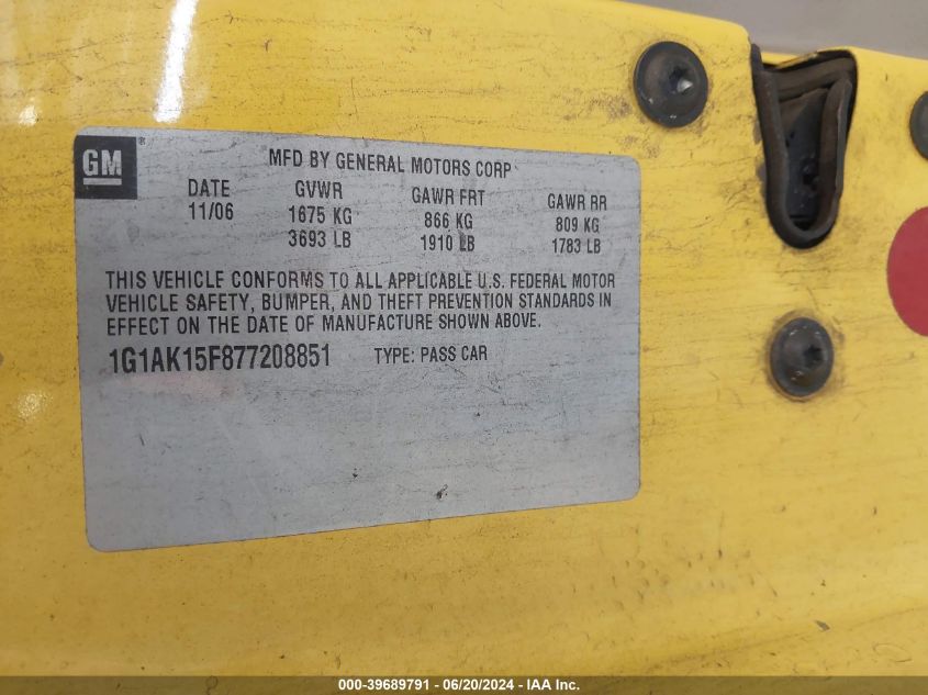 2007 Chevrolet Cobalt Ls VIN: 1G1AK15F877208851 Lot: 39689791