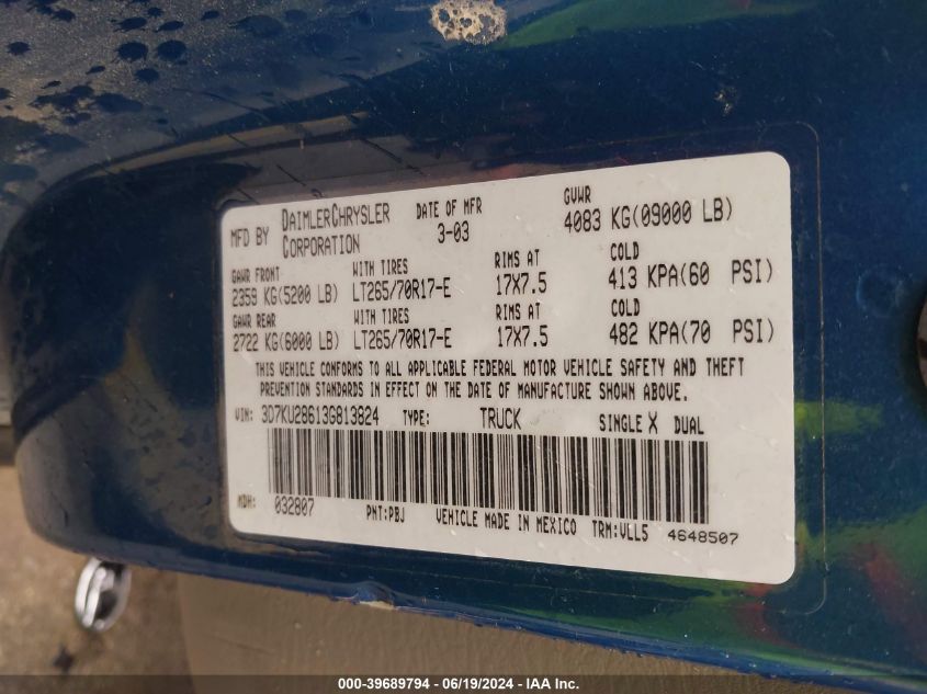 2003 Dodge Ram 2500 Slt/Laramie/St VIN: 3D7KU28613G813824 Lot: 39689794