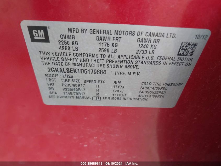 2013 GMC Terrain Sle VIN: 2GKALSEK1D6179684 Lot: 39689813