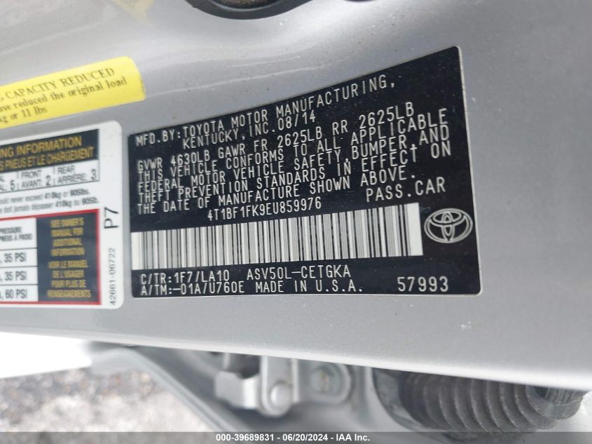 2014 Toyota Camry L/Se/Le/Xle VIN: 4T1BF1FK9EU859976 Lot: 39689831