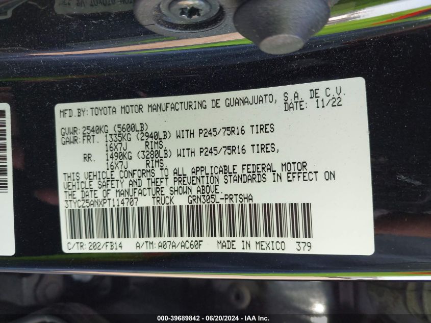 2023 Toyota Tacoma Double Cab/Sr/Sr5/Trail/Trd Sport/Trd Off Road/Trd Pro VIN: 3TYCZ5ANXPT114707 Lot: 39689842