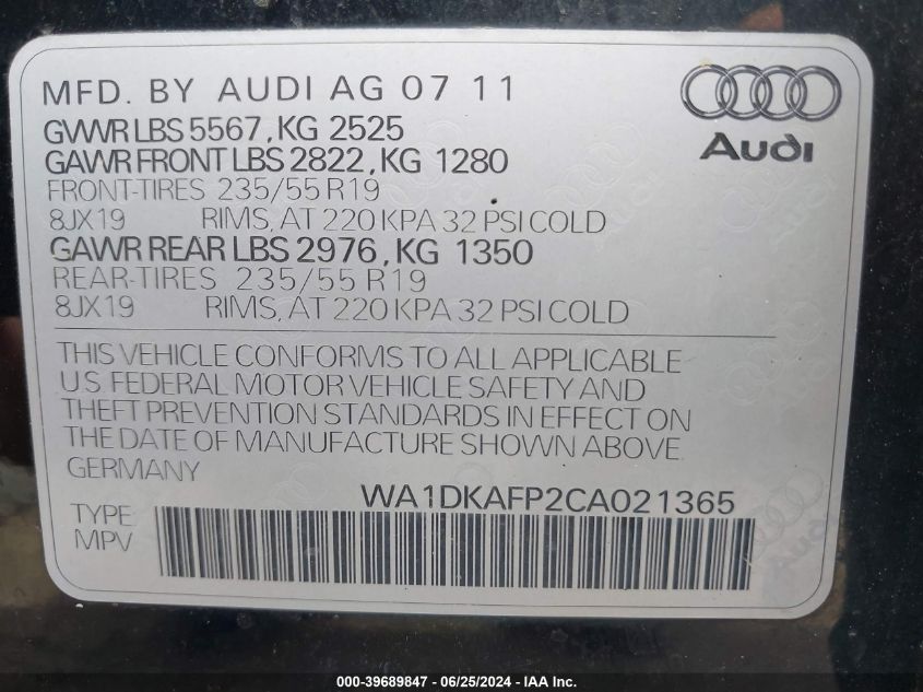 2012 Audi Q5 3.2 Premium Plus VIN: WA1DKAFP2CA021365 Lot: 39689847