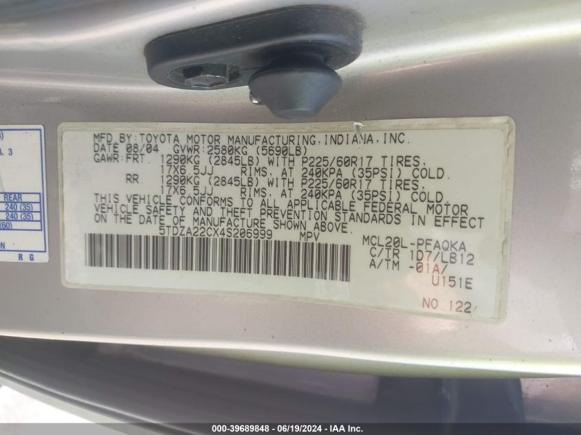 2004 Toyota Sienna Xle/Xle Limited VIN: 5TDZA22CX4S206999 Lot: 39689848