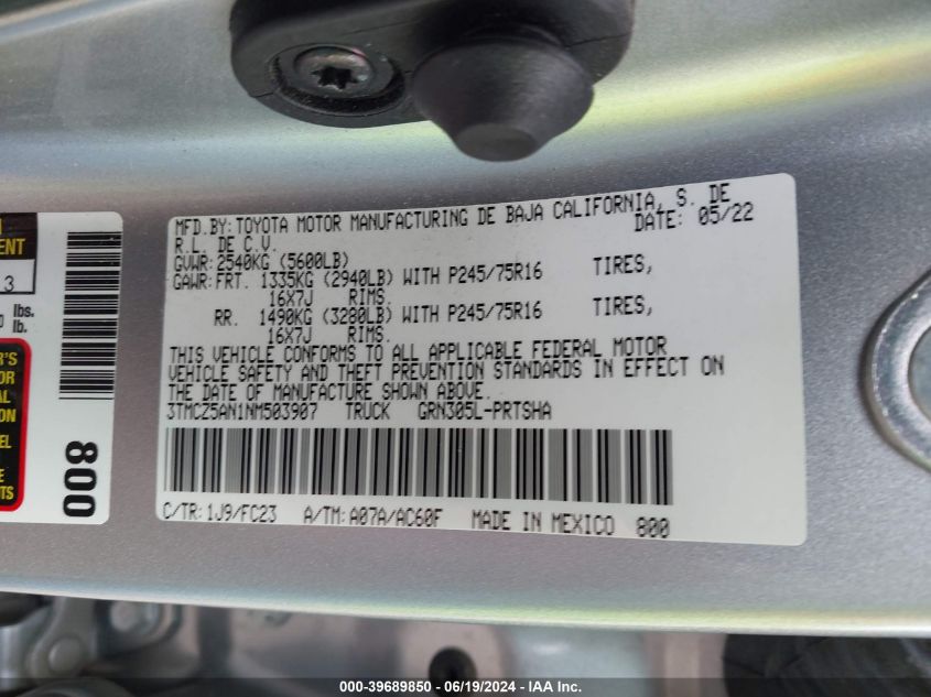 2022 Toyota Tacoma Double Cab/Sr/Sr5/Trd Sport/Trd Off Road/Trd Pro VIN: 3TMCZ5AN1NM503907 Lot: 39689850