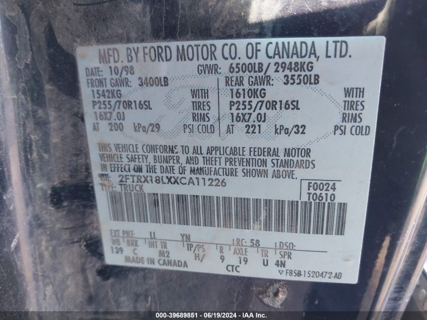 1999 Ford F-150 Lariat/Xl/Xlt VIN: 2FTRX18LXXCA11226 Lot: 39689851