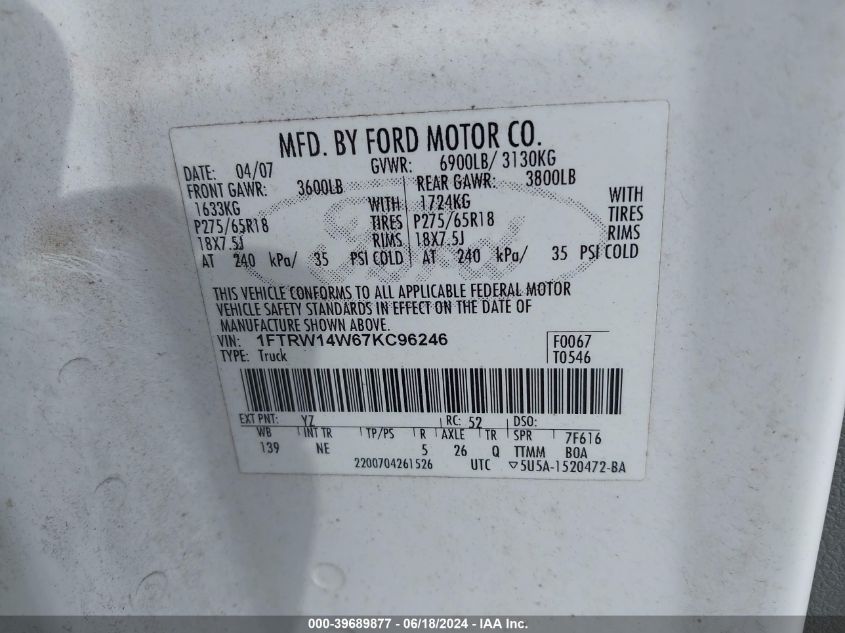 2007 Ford F-150 Xlt VIN: 1FTRW14W67KC96246 Lot: 39689877