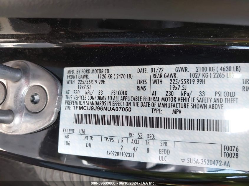 2022 Ford Escape Titanium VIN: 1FMCU9J96NUA07050 Lot: 39689880