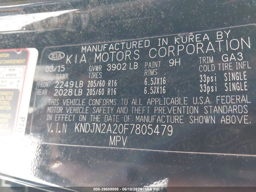 2015 Kia Soul VIN: KNDJN2A20F7805479 Lot: 39689895