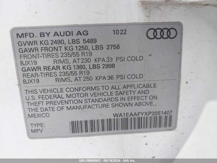 2023 Audi Q5 Premium Plus 45 Tfsi S Line Quattro VIN: WA1EAAFYXP2051407 Lot: 39689902