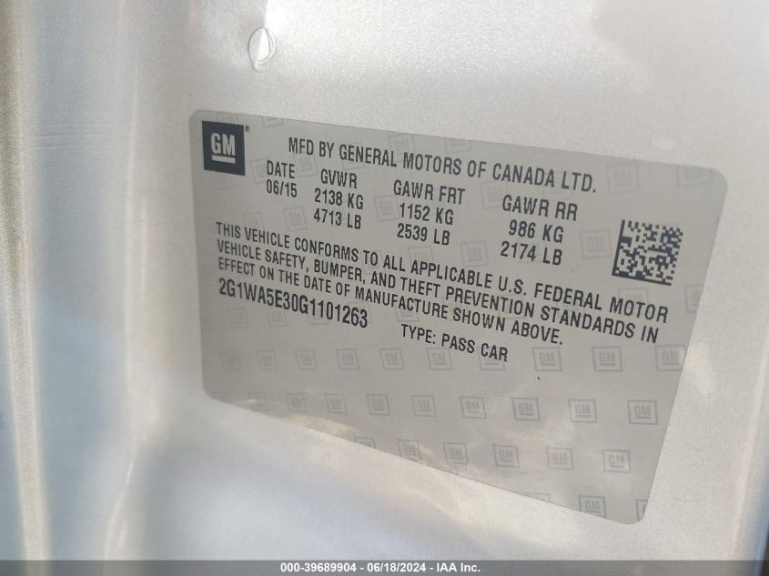 2016 Chevrolet Impala Limited Ls VIN: 2G1WA5E30G1101263 Lot: 39689904
