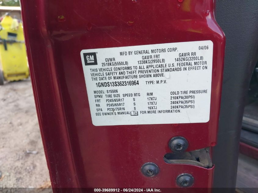 2006 Chevrolet Trailblazer Lt VIN: 1GNDS13S362316964 Lot: 39689912