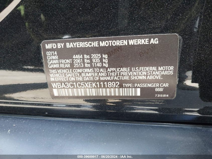 2014 BMW 328I VIN: WBA3C1C5XEK111892 Lot: 39689917