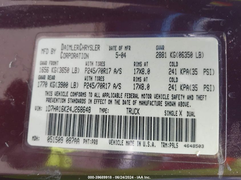 2004 Dodge Ram 1500 St VIN: 1D7HA16K24J268648 Lot: 39689918