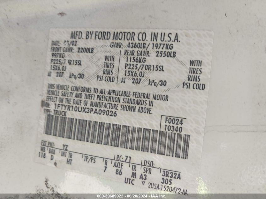 2003 Ford Ranger Edge/Xl/Xlt VIN: 1FTYR10UX3PA09026 Lot: 39689922