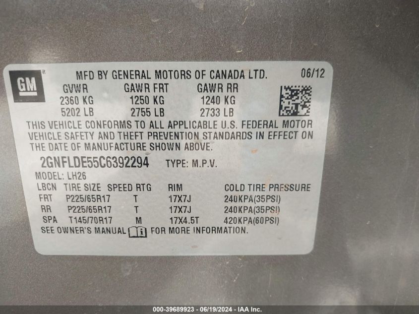 2012 Chevrolet Equinox Lt VIN: 2GNFLDE55C6392294 Lot: 39689923