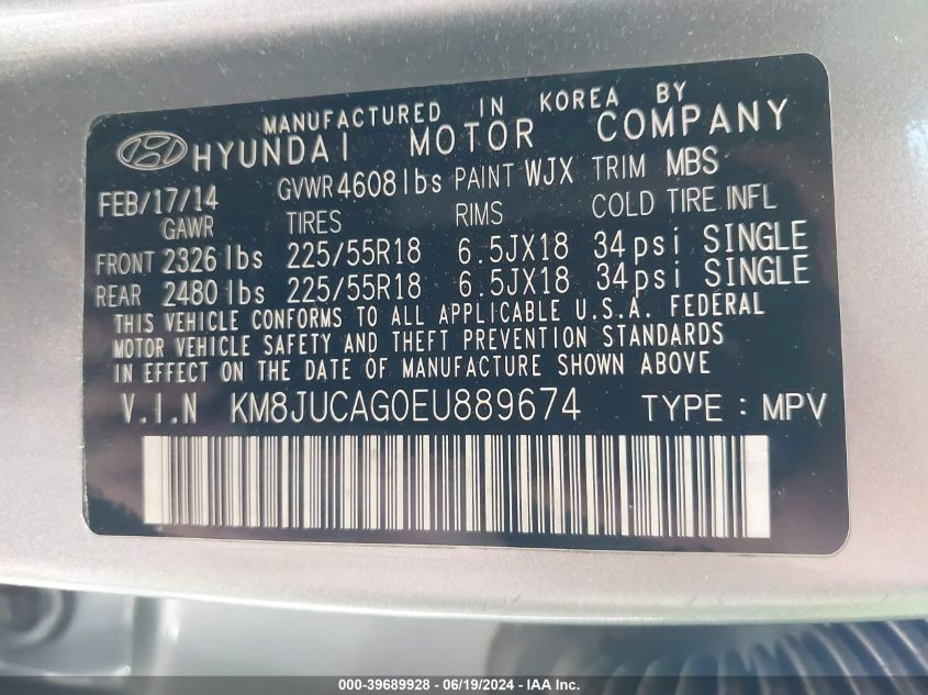 2014 Hyundai Tucson Gls/Limited/Se VIN: KM8JUCAG0EU889674 Lot: 39689928