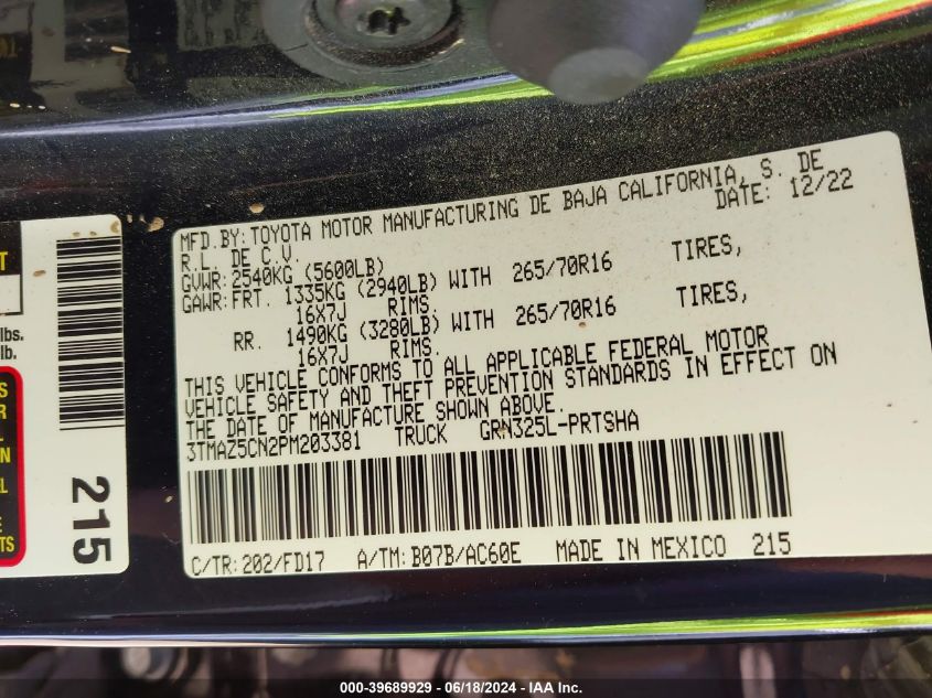 2023 Toyota Tacoma Trd Off Road VIN: 3TMAZ5CN2PM203381 Lot: 39689929