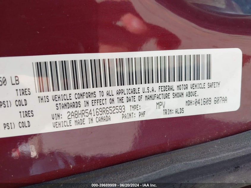 2009 Chrysler Town & Country Touring VIN: 2A8HR54169R652593 Lot: 39689959