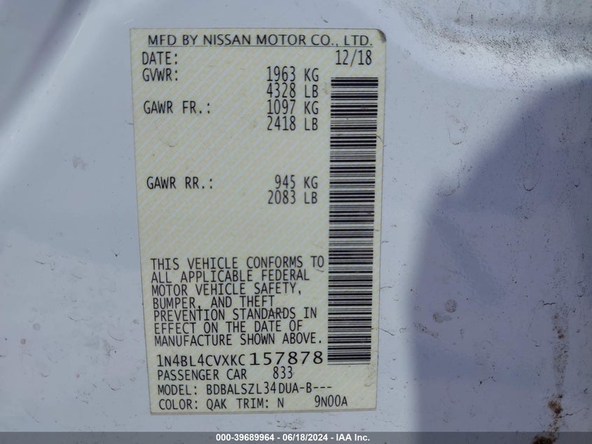 VIN 1N4BL4CVXKC157878 2019 NISSAN ALTIMA 2.5 SR