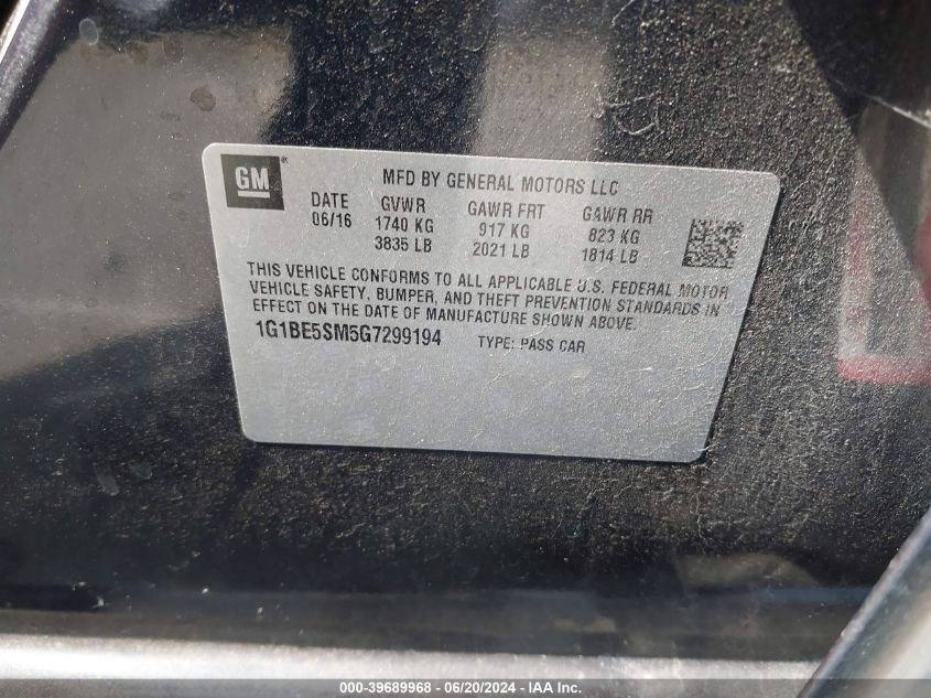 2016 Chevrolet Cruze Lt Auto VIN: 1G1BE5SM5G7299194 Lot: 39689968
