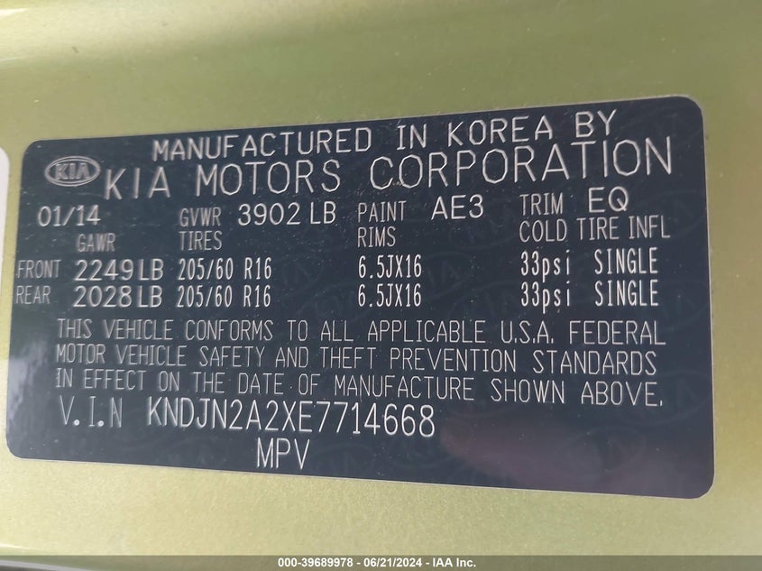 2014 Kia Soul VIN: KNDJN2A2XE7714668 Lot: 39689978