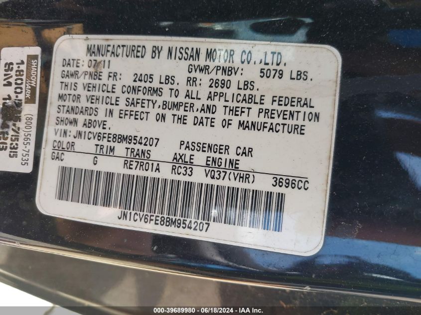 2011 Infiniti G37 VIN: JN1CV6FE8BM954207 Lot: 39689980