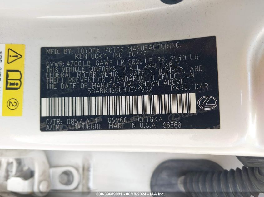 2017 Lexus Es 350 VIN: 58ABK1GG6HU071532 Lot: 39689991