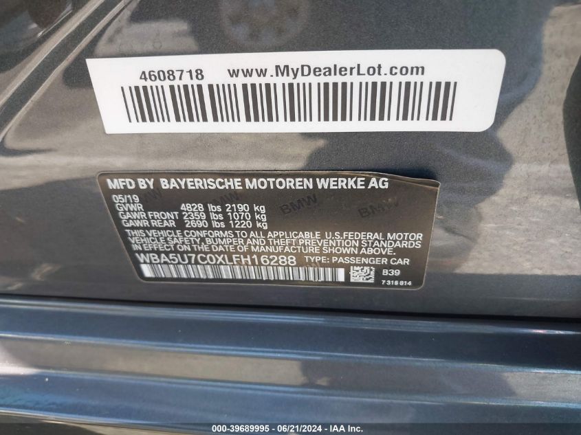 2020 BMW 3 Series M340I VIN: WBA5U7C0XLFH16288 Lot: 39689995